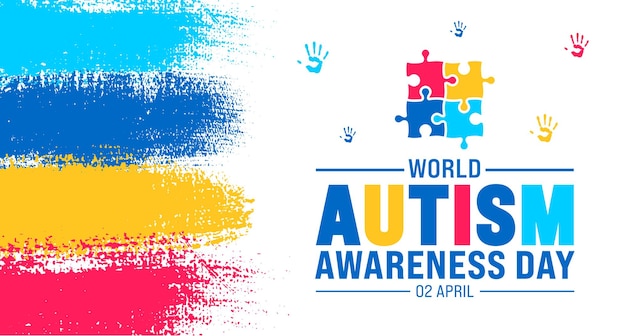 Vector 2 april world autism awareness day colorful ink paint brush stroke texture with puzzle piece banner