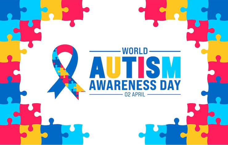 Vector 2 april world autism awareness day colorful puzzle icon with puzzle awareness ribbon banner