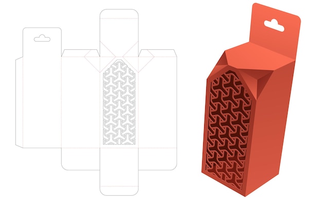 ステンシルされた和柄の型抜きテンプレートと 3d モックアップを備えた 2 つの角を面取りしたボックス