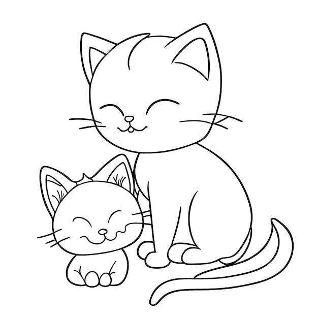 2 cute Baby Cat Mum Cat and baby cat coloring book for kids simple line coloring vector illustration