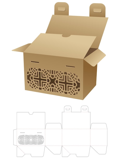 2 flip and locked point packaging box with stenciled pattern die cut template and 3d mockup