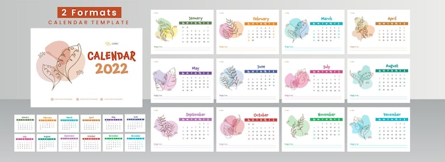 Set completo di 2 formati di calendario annuale 2022 con effetto acquerello e foglie lineari.