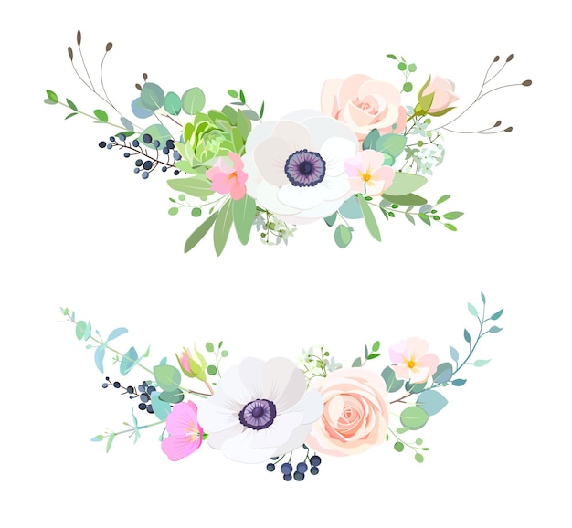 2 garlands with white anemones, cute roses and eucalyptus leaves