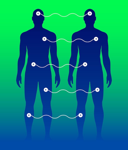 Vector 2 identical men connected with cables human cloning or scientific concept vector illustration