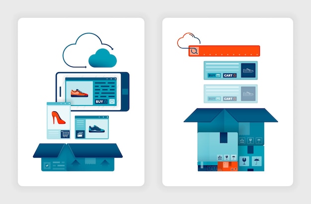 2 illustraties van pakketdozen voor online winkelen en een stapel pakketten die klaar zijn om te worden verzonden