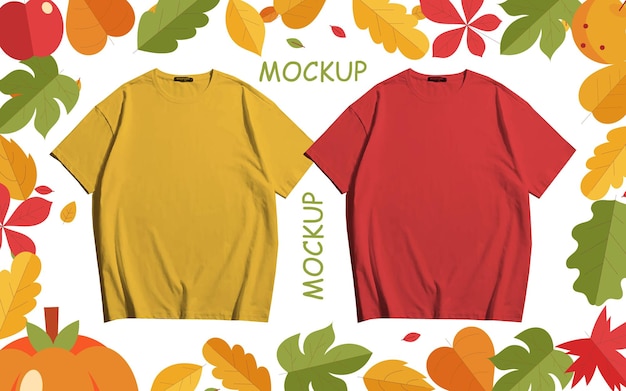2 kleurrijke unieke opvallende rode en gele blanco t-shirts en mockup om je ontwerp weer te geven