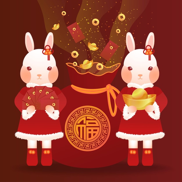 2 konijnen, één met een goudstaaf en de andere met een rode envelop, staande voor de l