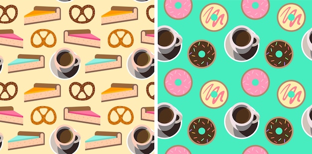 2 naadloos patroon van koffie, pretzel, doughnut en cake.