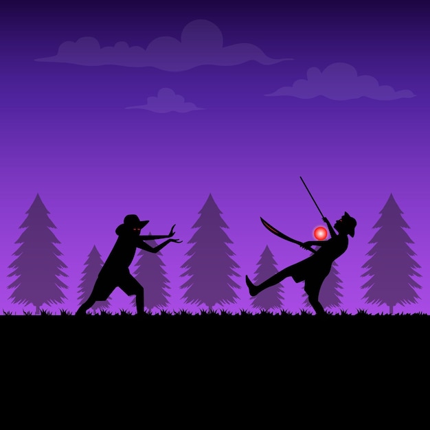 벡터 2 닌자는 마법의 힘과 무기 플랫 일러스트레이션, 닌자 전쟁 삽화로 밤에 싸우고 있습니다.