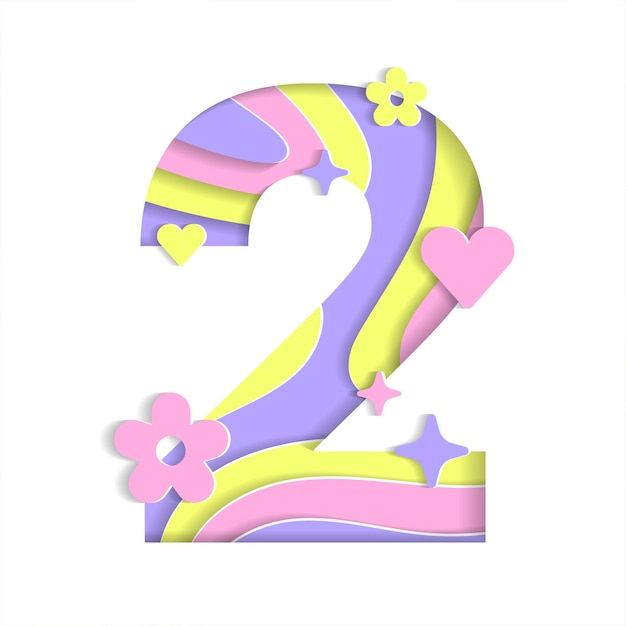 2 Numeric Number Abstract Paper Lively Flower Heart Sparkle Yellow Pink PurplCutout Paper Card