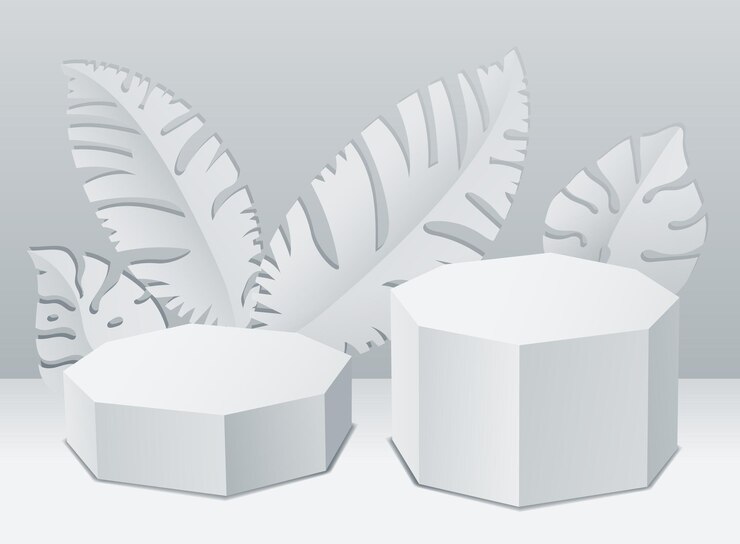 Vector 2 octangonal mockup podiums with leaves for product presentation on white color background