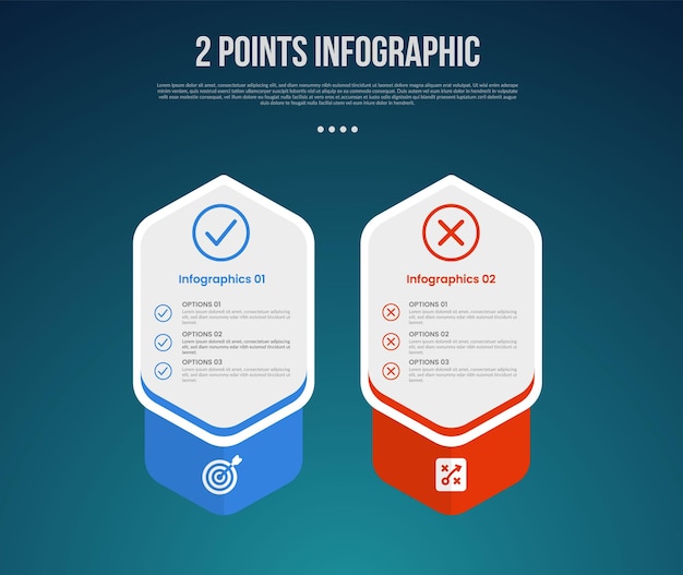 2 of twee punt sjabloon vergelijking versus dingen in infographic met creatieve grote zeshoek prijs doos tabel met moderne donkere stijl voor dia presentatie