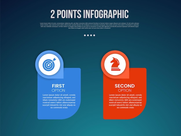 2 of twee punt sjabloon vergelijking versus dingen in infographic met ronde doos met cirkel badge op de top met moderne donkere stijl voor dia presentatie