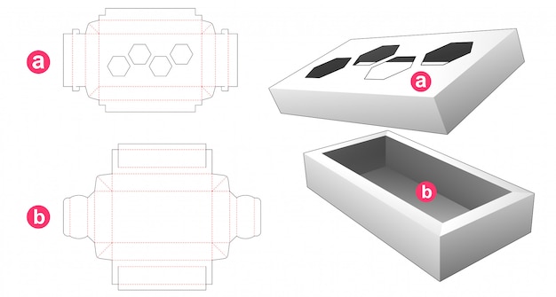 2 pieces rectangular box with 4 hexagonal shaped window lid die cut template