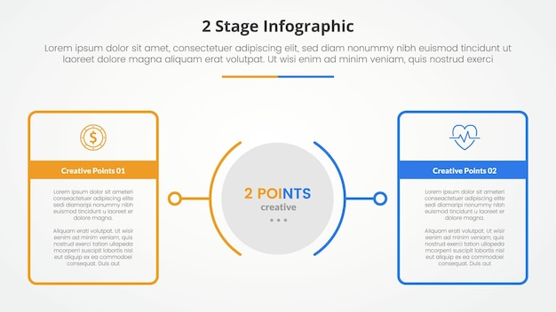2 points stage template for comparison opposite infographic concept for slide presentation with big outline table box with circle center with flat style