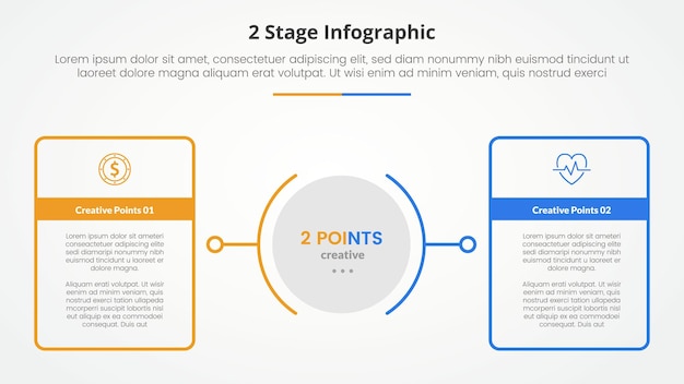 Vector 2 points stage template for comparison opposite infographic concept for slide presentation with big outline table box with circle center with flat style