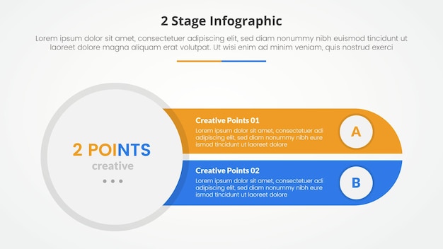 Vector 2 punten stadium sjabloon voor vergelijking tegenovergestelde infographic concept voor dia presentatie met grote cirkel links en slice ronde rechthoek met platte stijl vector