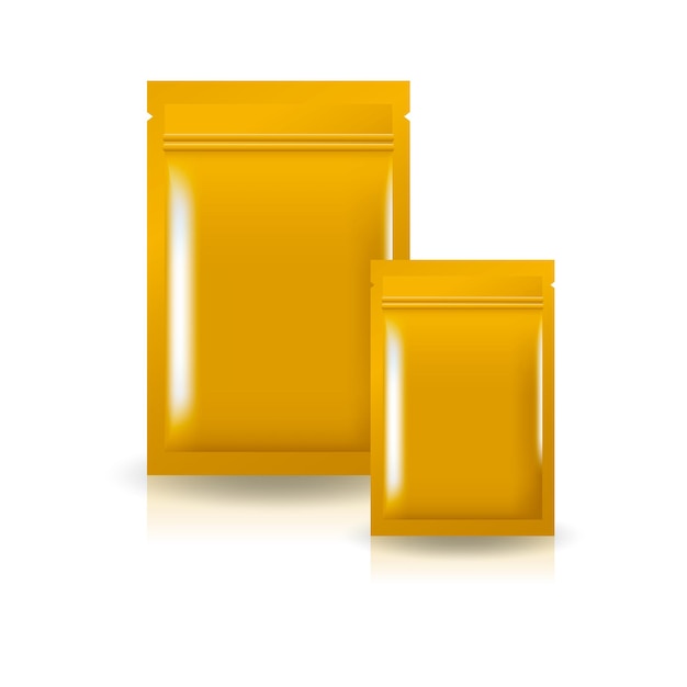 2 размера пустой золотой плоский пакет на молнии из фольги для макета еды, здорового или косметического продукта 3D вектор