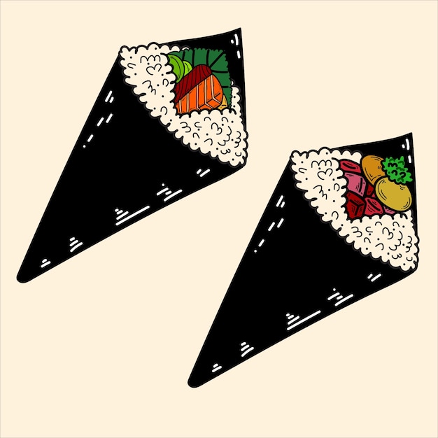 Vector 2 temaki sushi rolls in cartoon style