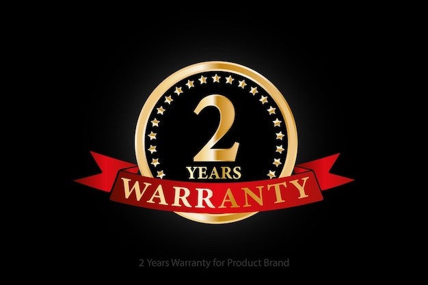 2 years golden warranty logo with ring and red ribbon isolated on black background