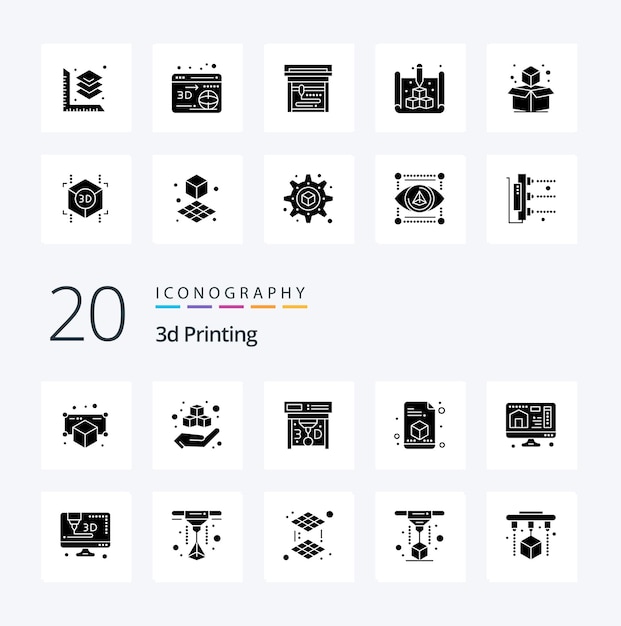 Vector 20 3d printing solid glyph icon pack like computer page productd printing 3d