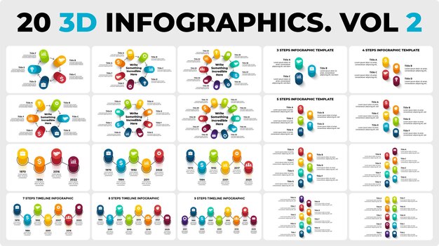 Vector 20 3d vector perspective infographics pack vol 2 circle diagrams charts made of pillars