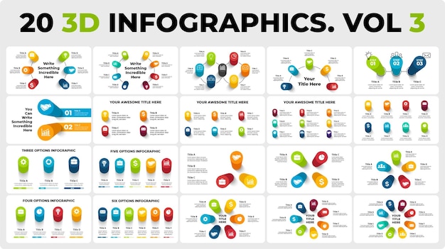 Vector 20 3d vector perspective infographics pack vol 3 circle diagrams charts made of pillars