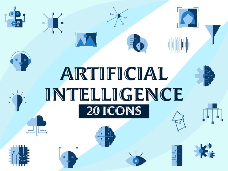 Vector 20 artificial intelligence icon set on blue and white background