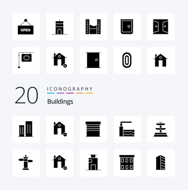 Vector 20 buildings solid glyph icon pack like fountain springboard house pool garage