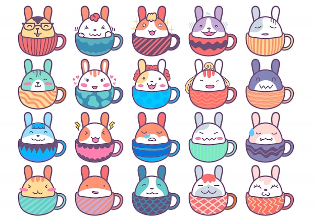 ベクトル カップの中の20匹のかわいいウサギステッカーキャラクター