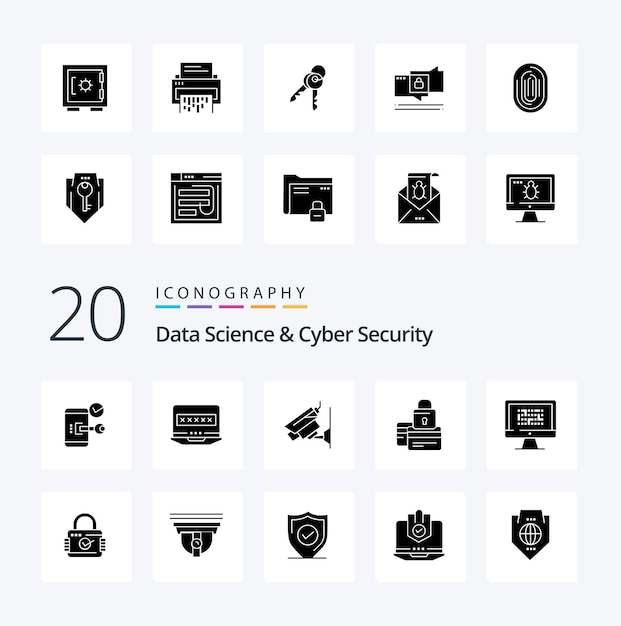 Vector 20 data science and cyber security solid glyph icon pack like payment card louck banking security