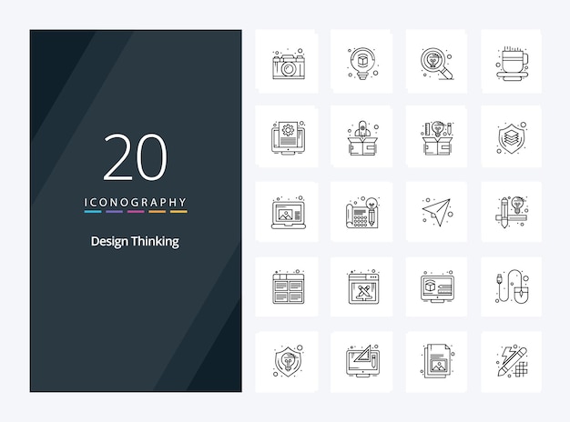 20 Design Thinking Outline icoon voor presentatie Vector Lijn iconen illustratie