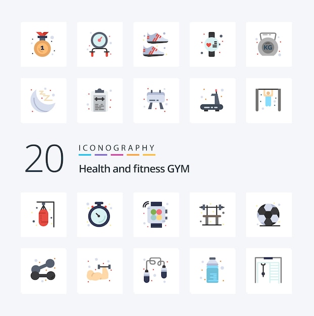 20 Gym Flat Color icon Pack zoals gym gym stopwatch fitnessbank