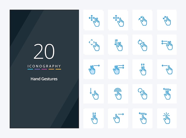 Vector 20 hand gestures blue color icon for presentation