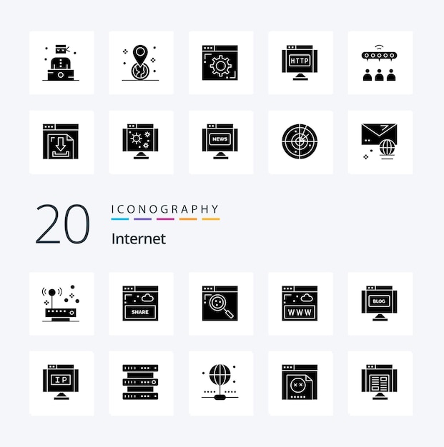 20 Internet Solid Glyph-pictogram Pack zoals bewerken www browser websitecommunicatie