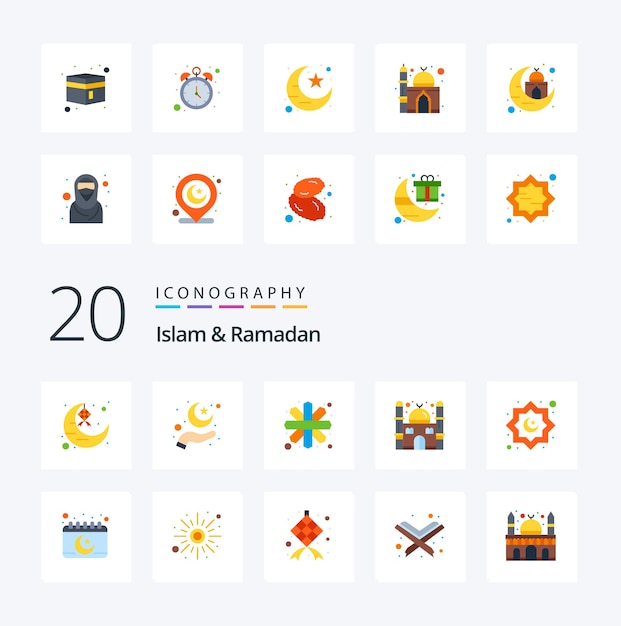 20 イスラム教とラマダン フラット カラー アイコン パックのような芸術の祈りの月のモスクの飾り