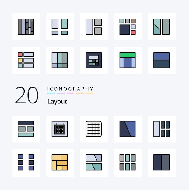 20 Layout Line Filled Color icon Пакет, похожий на интерфейс, коллаж, изображение, макет, каркас