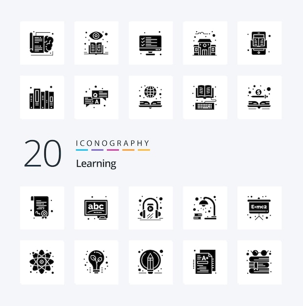 20 Learning Solid Glyph icon Pack, например, лампа для ревизии наушников для изучения физики emc