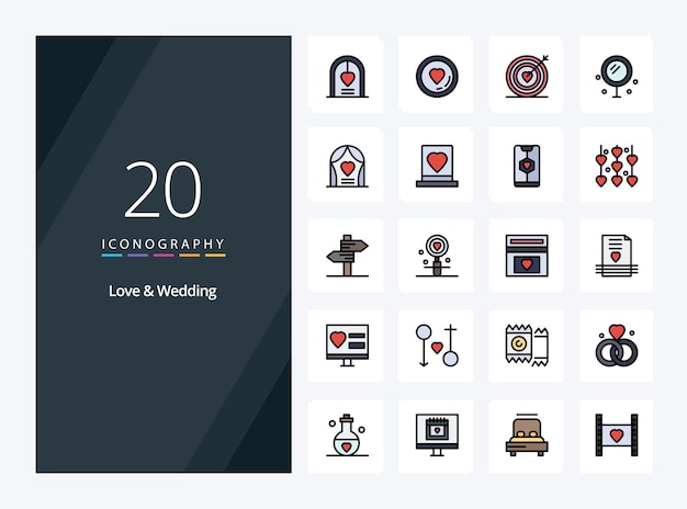 20 love and wedding line filled icon for presentation