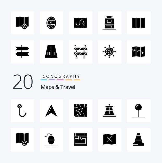 20 Maps Travel Solid Glyph-pictogram Pack zoals synchroniseer de coördinaat van de routewijzer