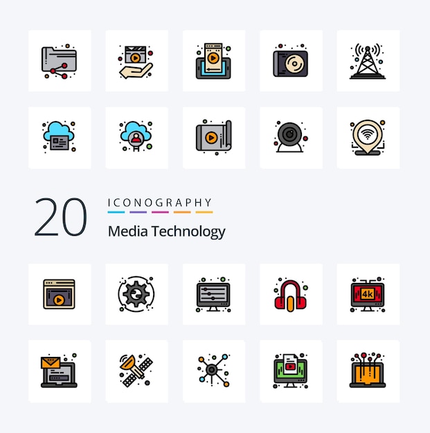 20 media technology line filled color-pictogram pack zoals computerservice-opties hoofdtelefoongolven