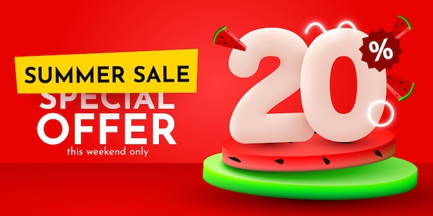 Vettore sconto del 20% sulla composizione creativa banner di vendita estiva con anguria banner e poster di vendita