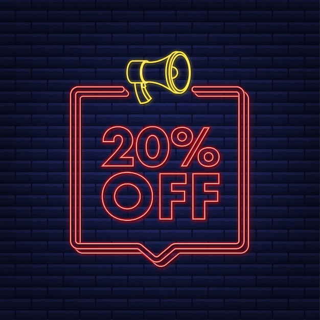 20 percent off sale discount neon banner with megaphone discount offer price tag