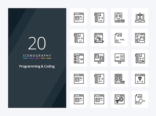 20 programmazione e codifica icona di contorno per la presentazione illustrazione delle icone della linea vettoriale