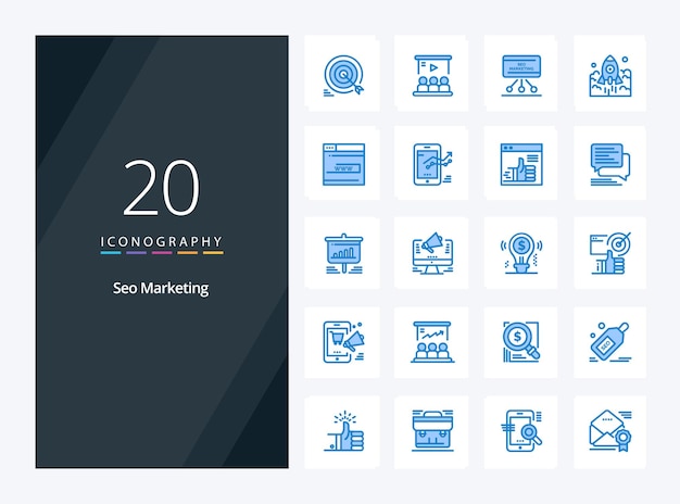 20 SEO Marketing blauwe kleur pictogram voor presentatie Vector iconen illustratie