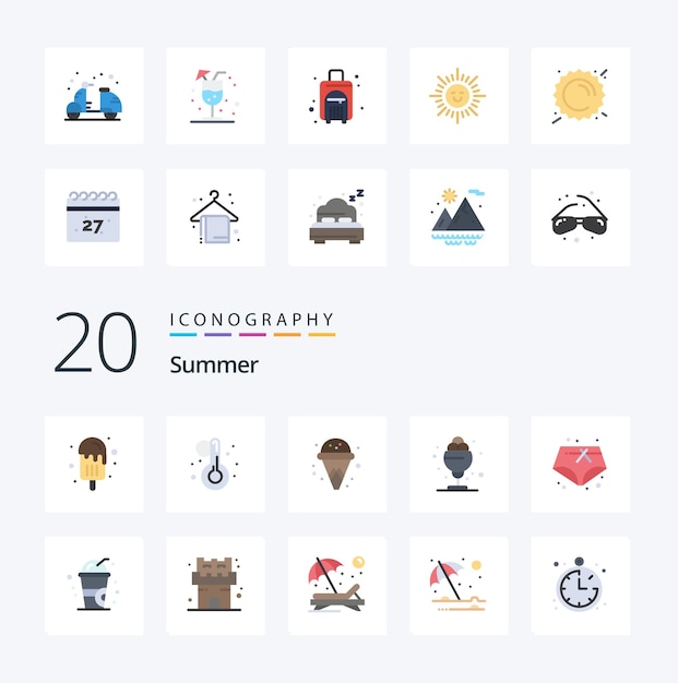 20 Summer Flat Color icon Pack, как холодные летние шорты с мороженым летом