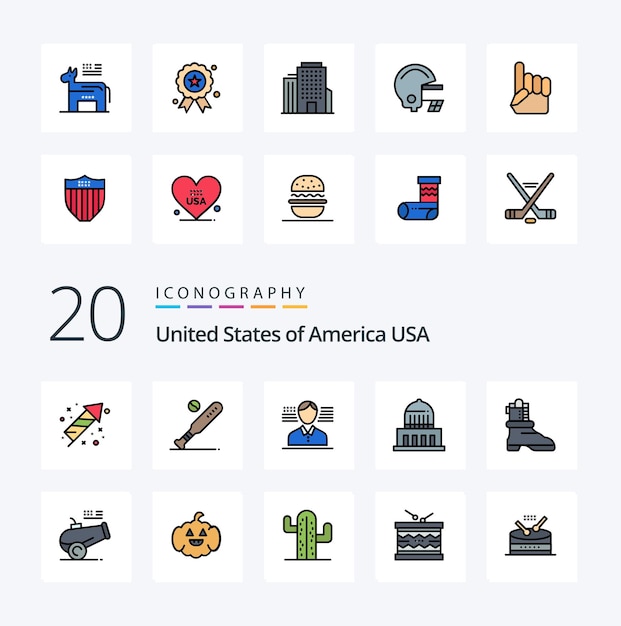 20 usa line filled color icon pack, как загрузочное здание в сша