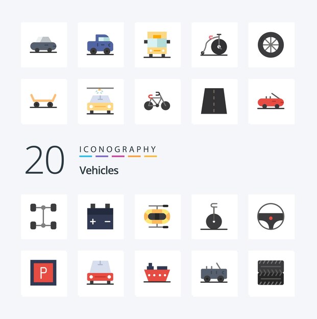 Vector 20 vehicles flat color icon pack like van car monocycle vehicles wheel