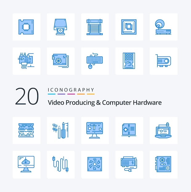 20 Videoproductie en computerhardware Blauwe kleurpictogram Pak als computerinstructie computerhardwareboek
