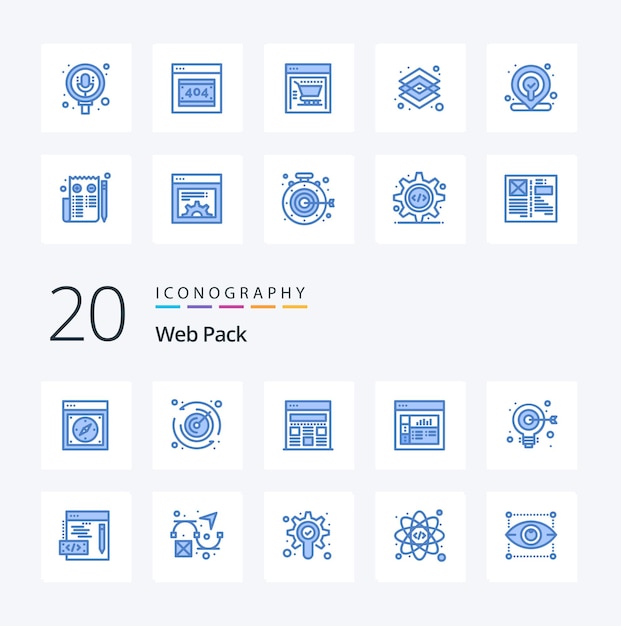 20 Web Pack Blue Color Icon Pack, похожий на графику лампочки веб-целевого интерфейса